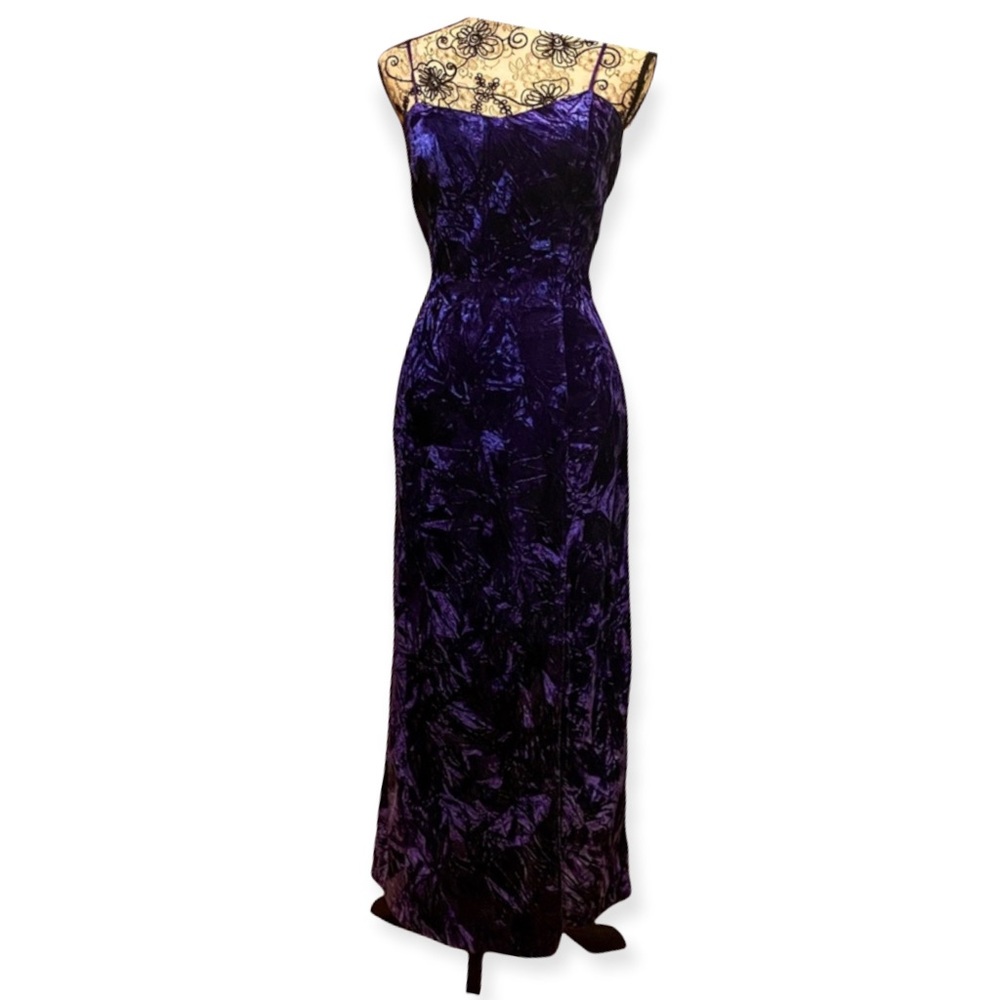 90s Vintage Crushed Velvet Spaghetti Strap Maxi Dress - Picture 1 of 6